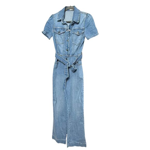 Avec Les Filles Blue Jeans Denim Jumpsuit Size 28 Cotton Blend Stretchy Belted - Picture 1 of 9